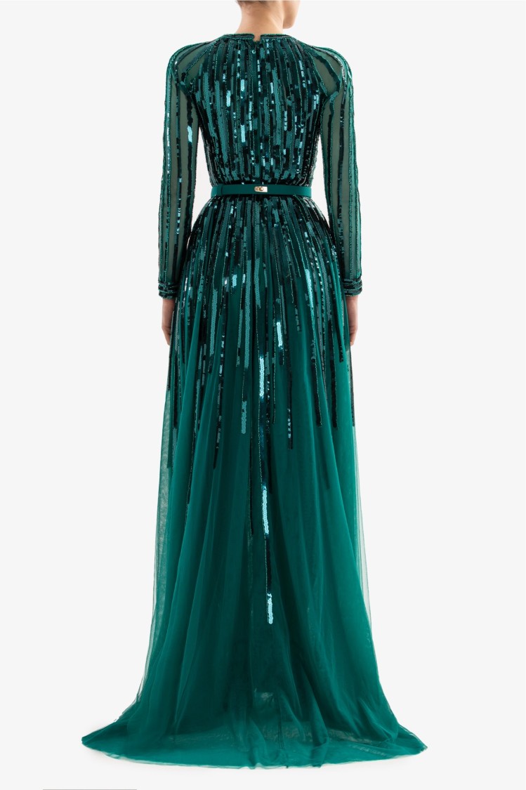 Saiid Kobeisy Sequin Long Sleeved Gown In Green