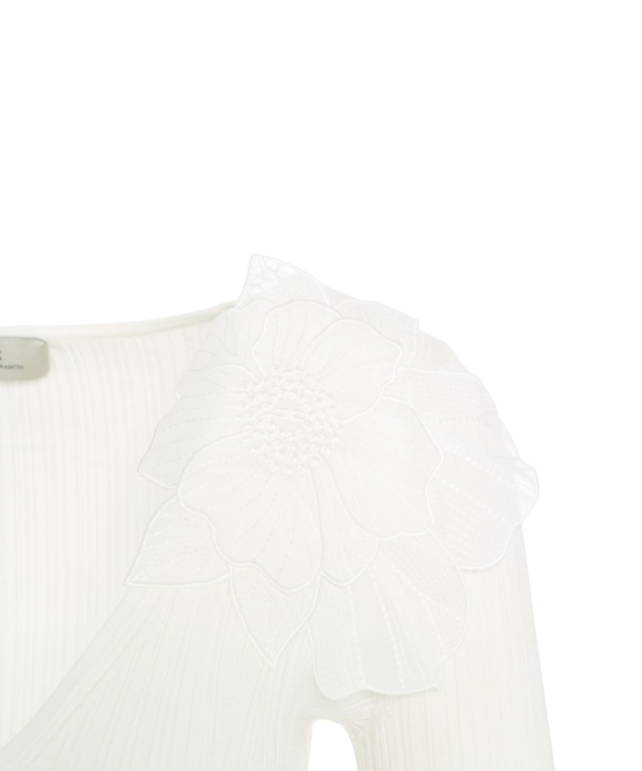 Elisabetta Franchi Slim-fit Knit Top With Floral Shoulder Detail In White