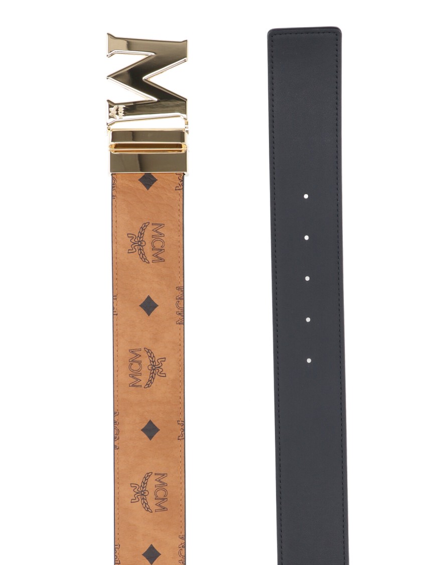 Mcm Adjustable Signature Print Reversible Gold-tone Hardware Belts