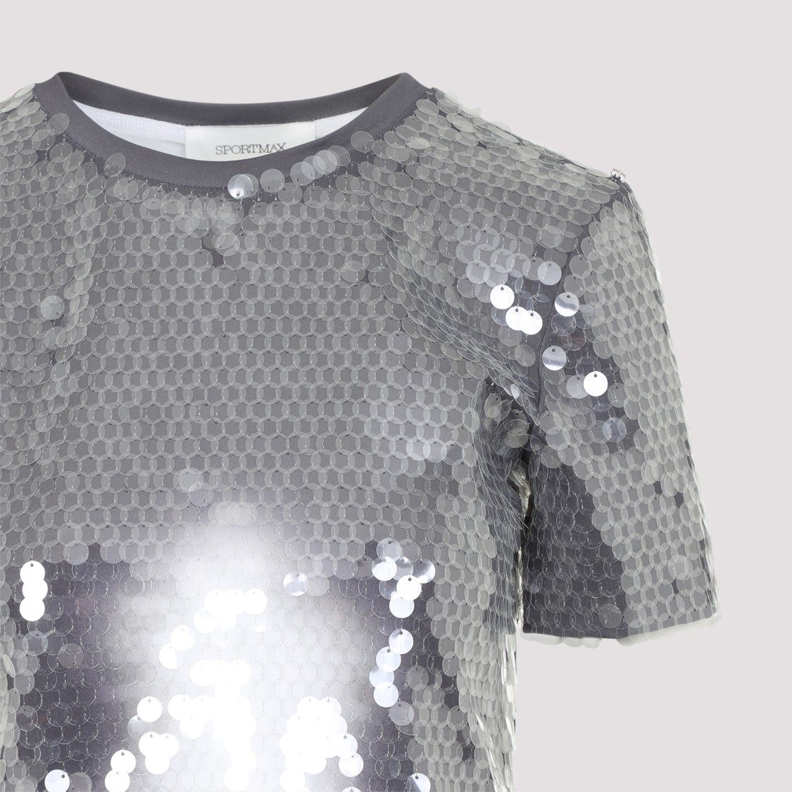 Sportmax Fitted Grey T-shirt With Hexagonal Sequin Detailing In Metallic
