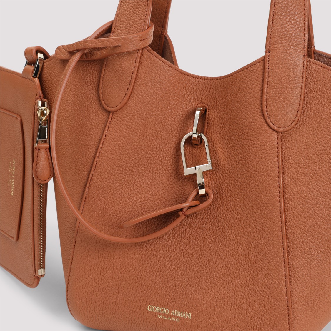 Giorgio Armani Logo Stamp Leather Top Handle Bag In Brown