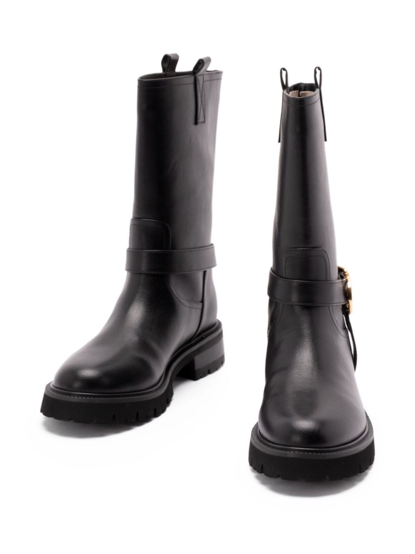 Twinset Twin-set Mid-calf Black Leather Boots With Buckle Fastening In Black