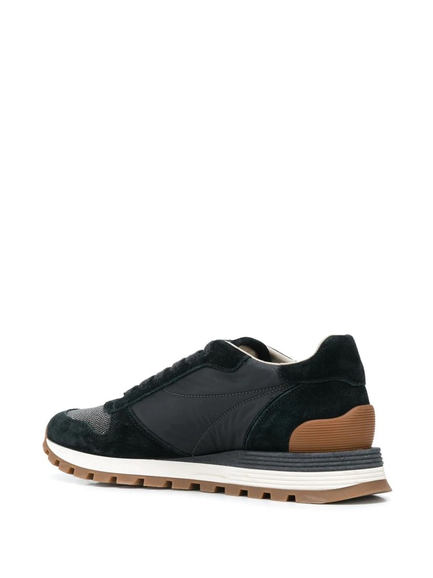 Brunello Cucinelli Suede And Leather Sneakers With Cushioned Sole In Black