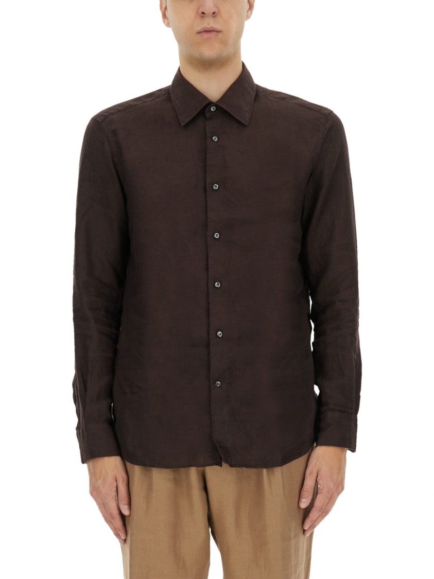 BOSS CAMEL BOSS CAMEL BROWN SLIM FIT LINEN SHIRT WITH BUTTON-DOWN FRONT