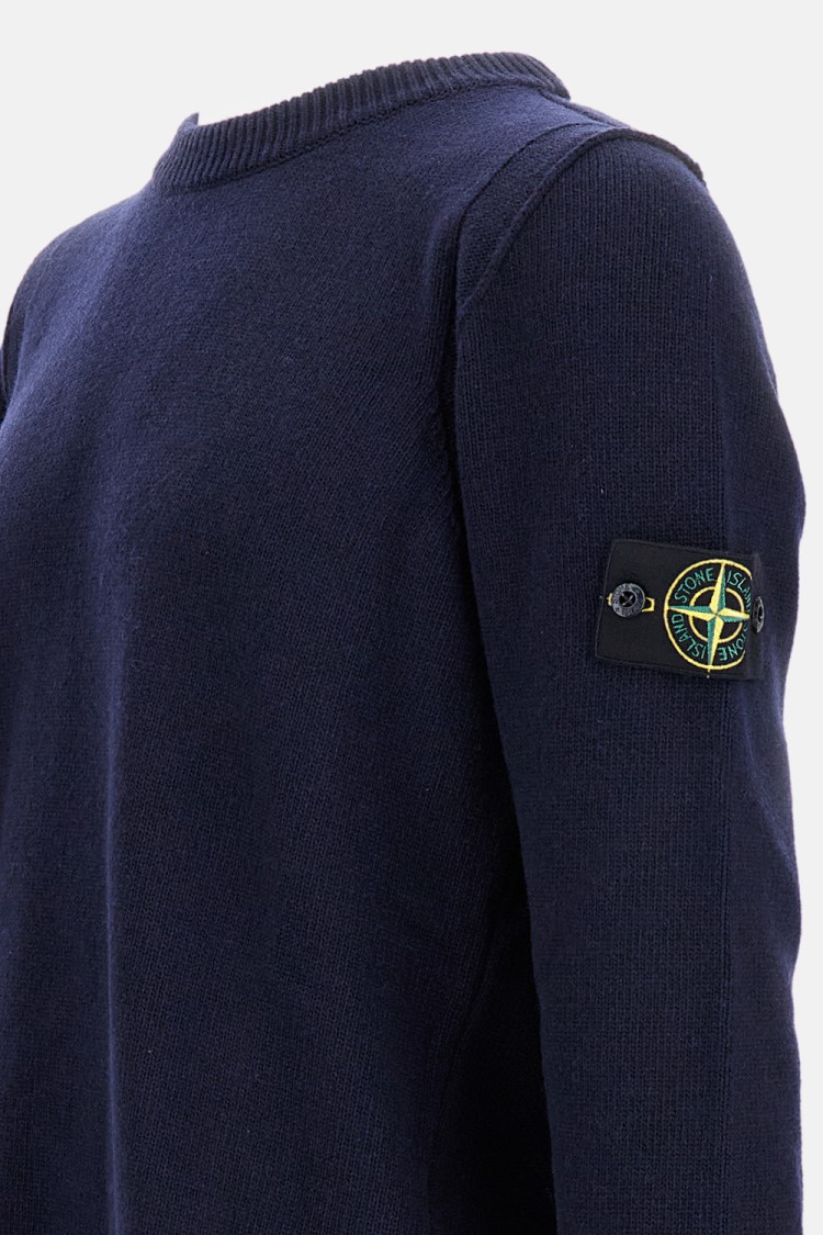 Stone Island Crewneck Knit With Ribbed Details In Blue