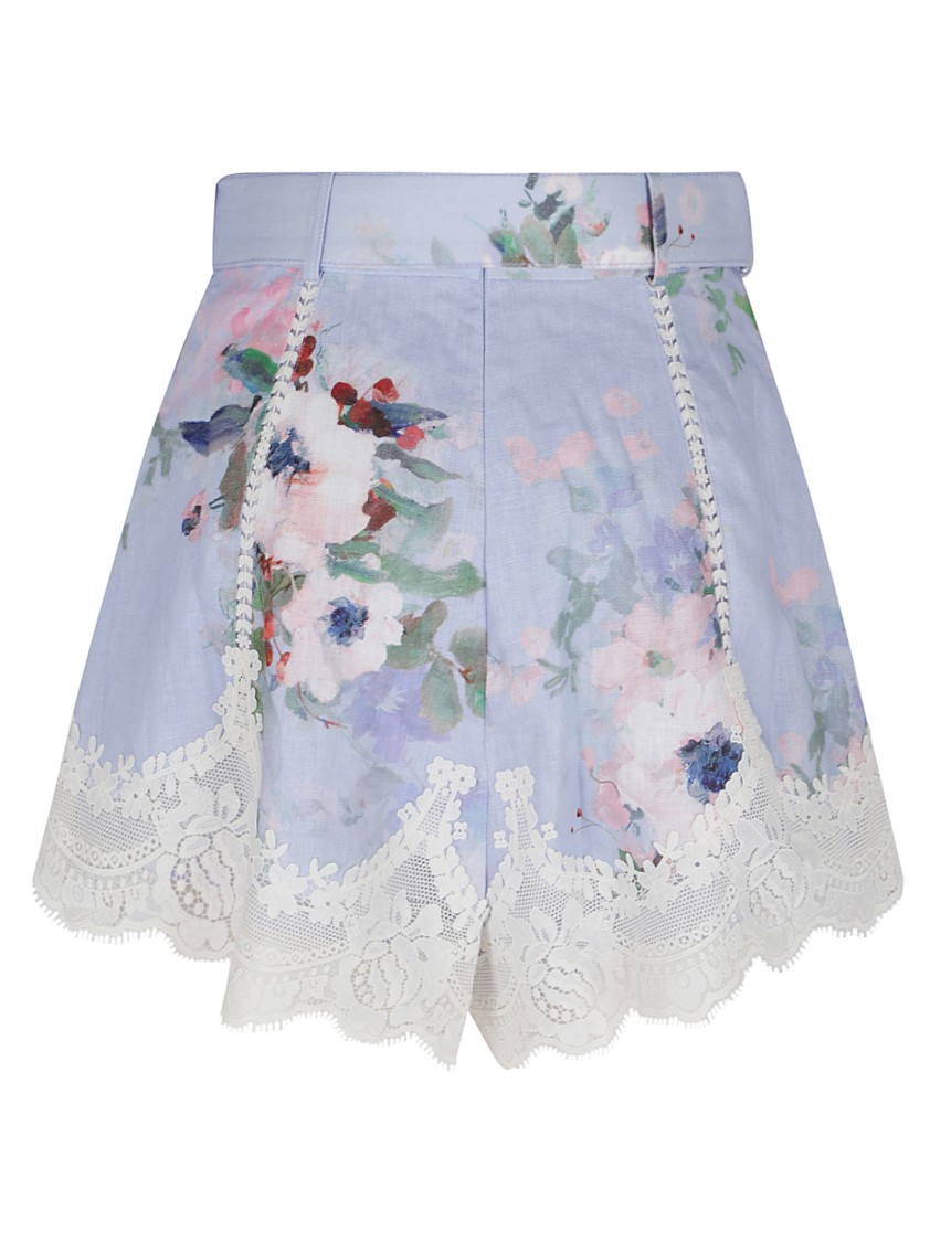 Zimmermann Womens Light Blue Floral Everley Tuck Floral-pattern Linen Shorts In Blue