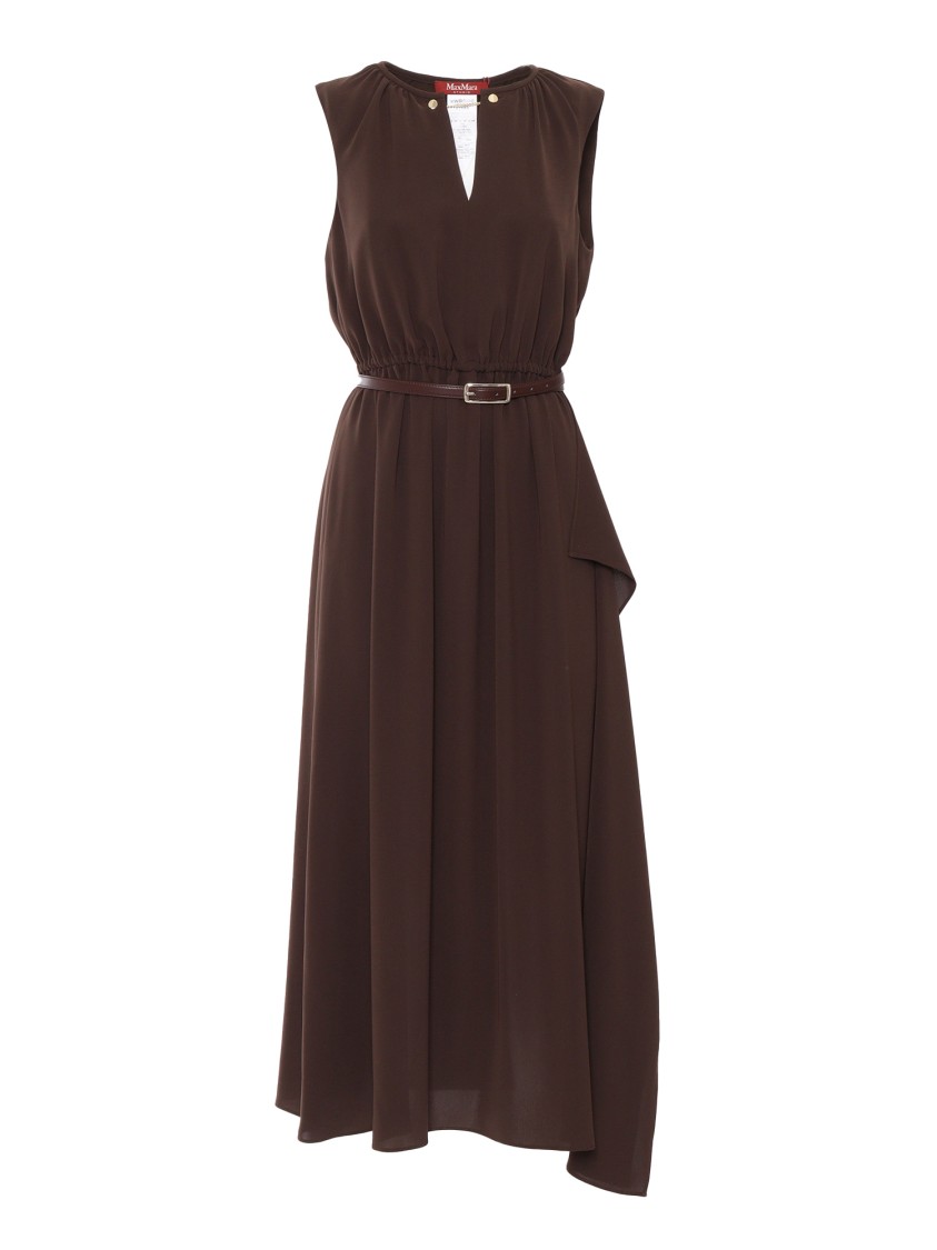 Max Mara Belted Midi Dress With Keyhole Neckline In Brown