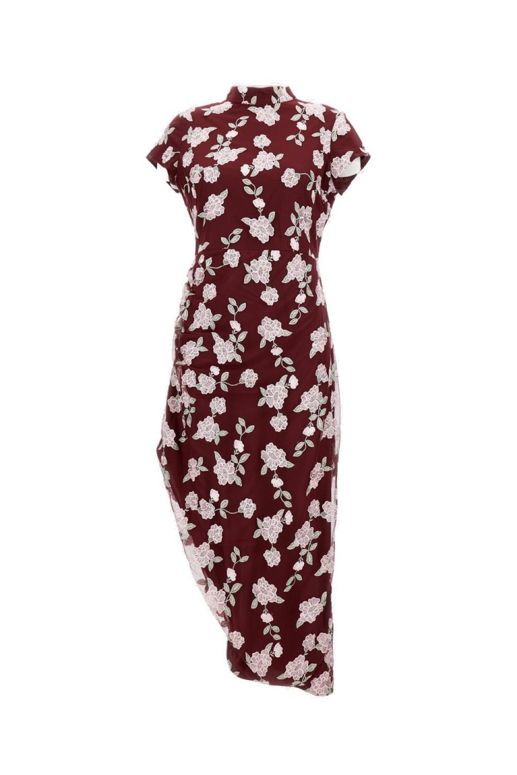 Rotate Birger Christensen Asymmetrical Mesh Midi Dress With Floral Embroidery In Multi