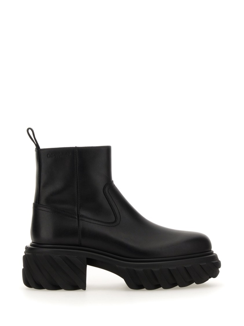 Off-white Chunky Sole Leather Boots With Elastic Side Panels In Black