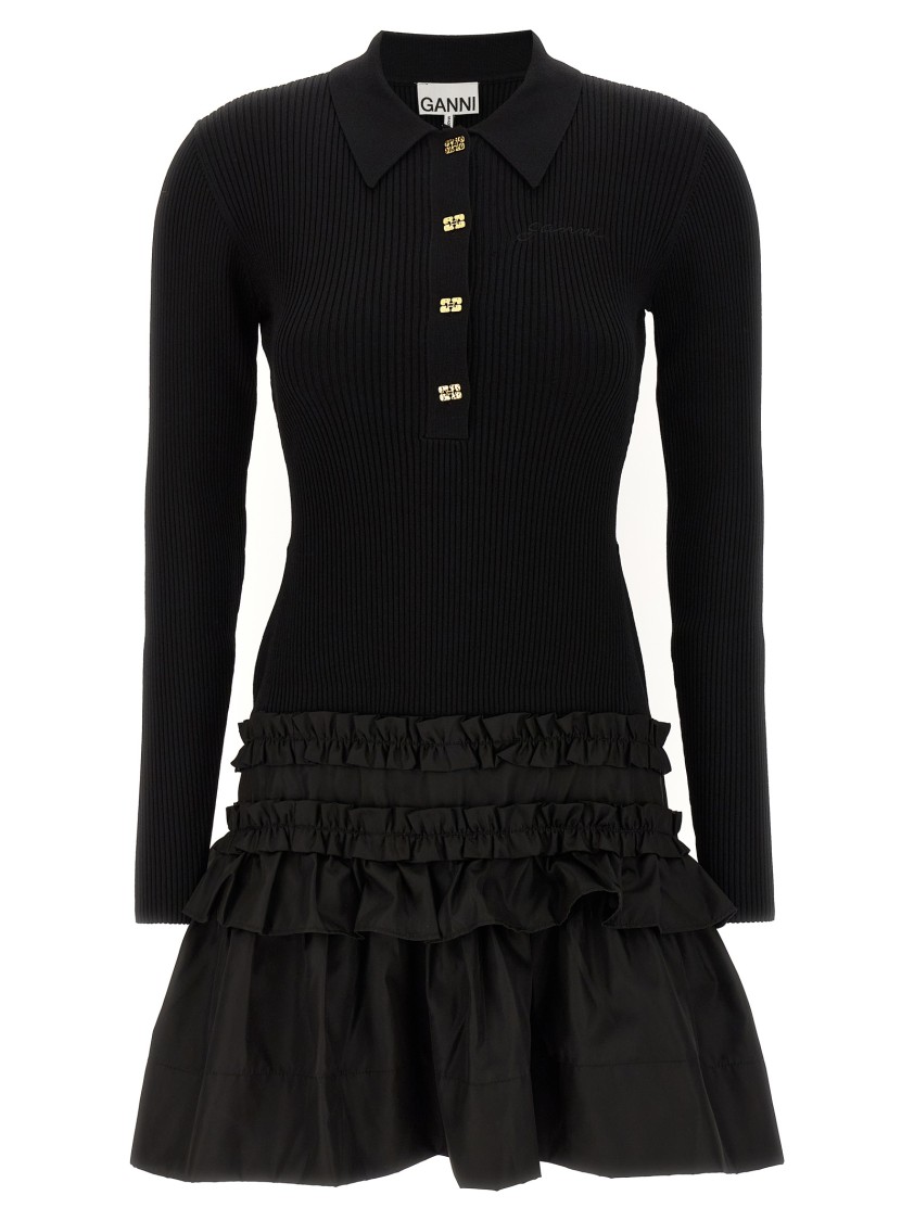 Ganni Black Flared Dress With Ribbed Details In Black