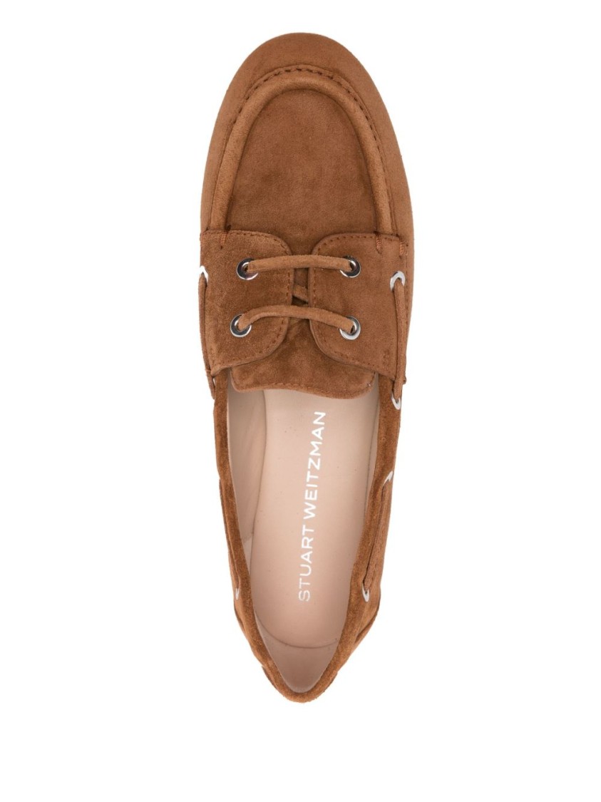 Stuart Weitzman Suede Flat Loafers With Decorative Lacing In Brown