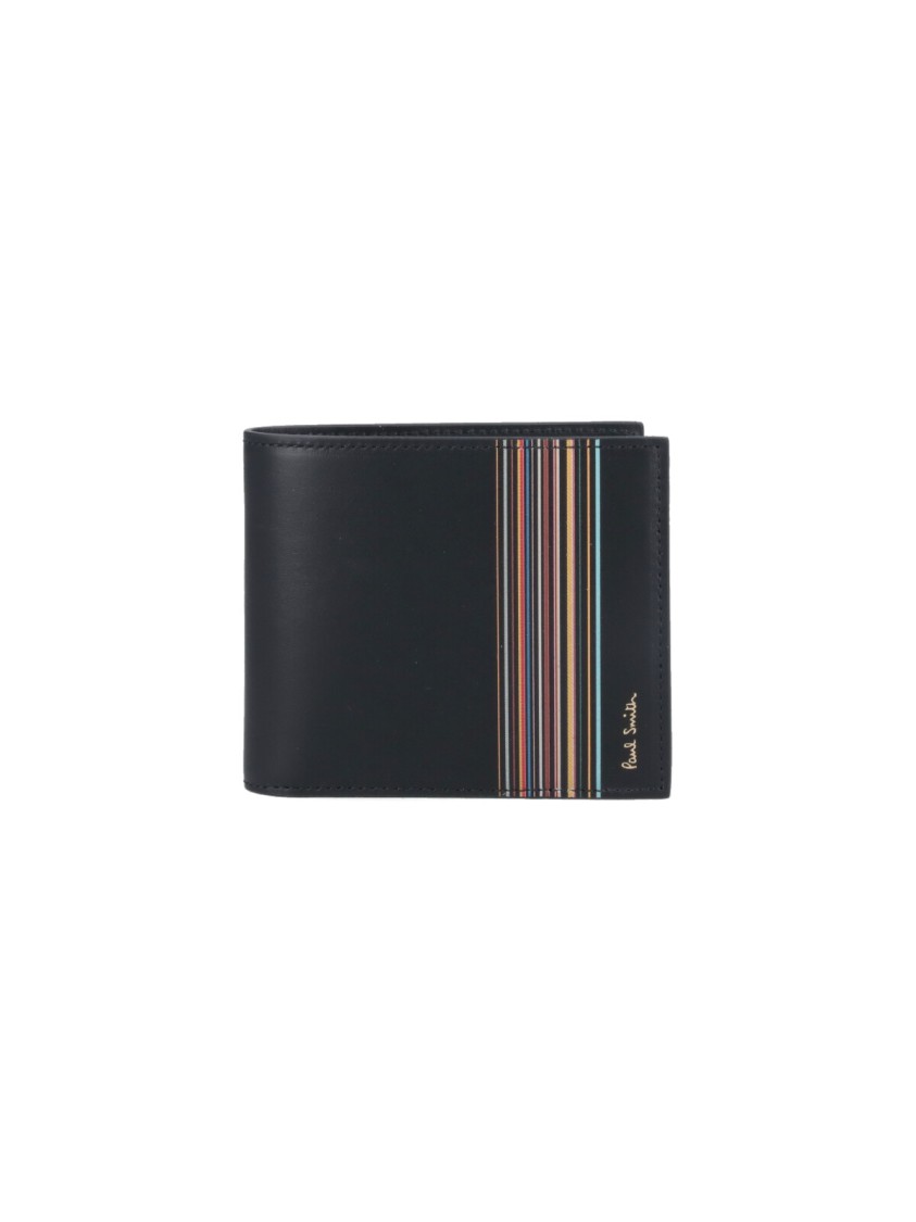 Paul Smith Calf Leather Wallet With Vertical Multicolor Stripe Detail In Black