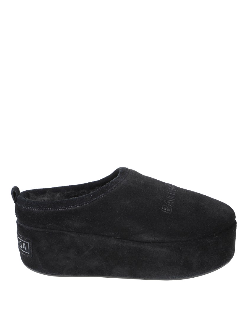 Balenciaga Suede Mules With Rounded Toe And Elevated Platform Sole In Black