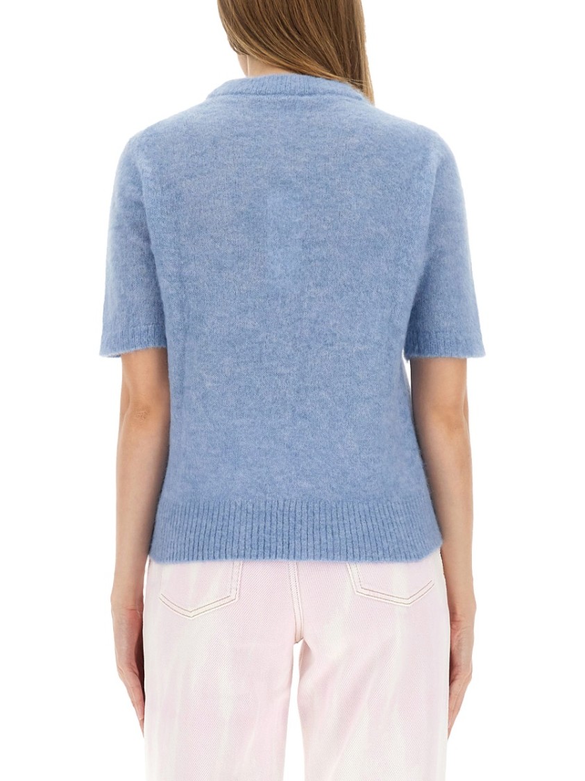 Ganni Light Blue Crewneck T-shirt With Maxi Logo Embroidery On The Front In Blue