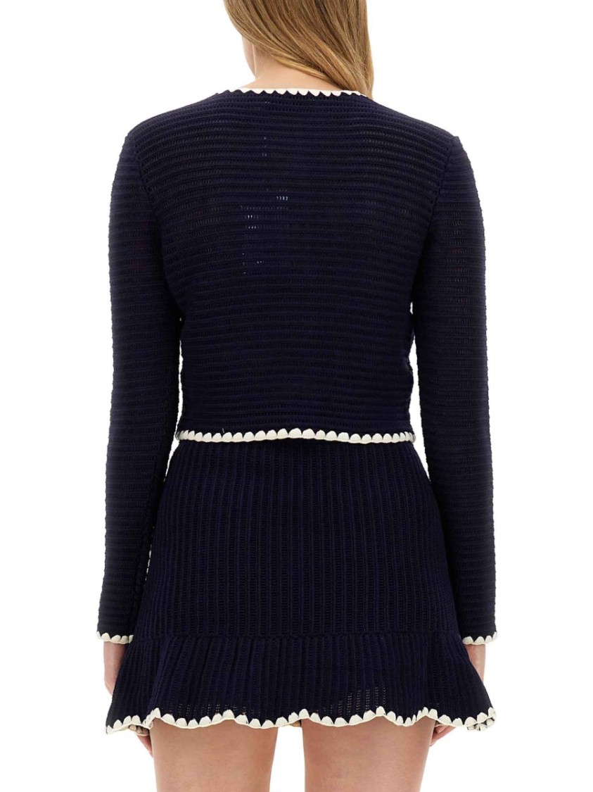 Self-portrait Crochet Knitted Cardigan With Contrasting Profiles In Blue