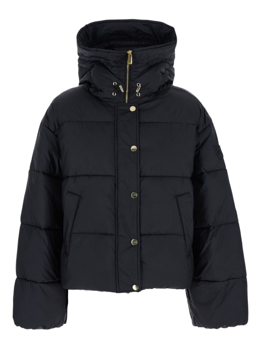 Pinko Cropped Black Coat With Hooded Neckline And Embroidered Logo In Black