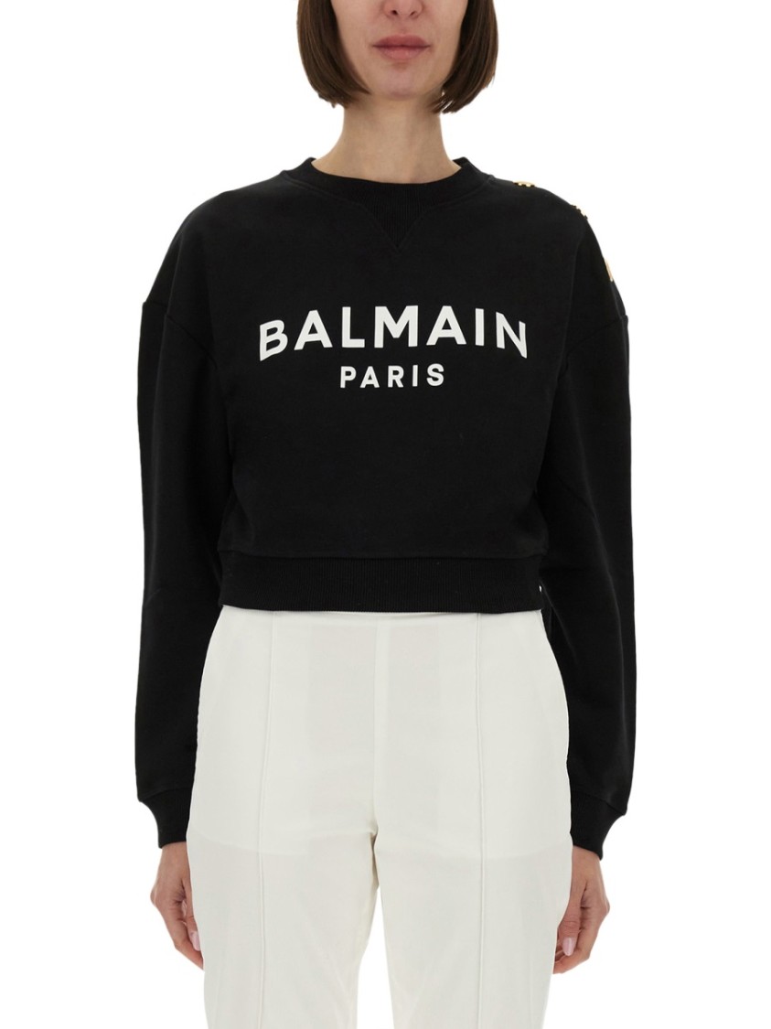 Balmain Women Logo Organic Cotton Cropped Sweatshirt In Black