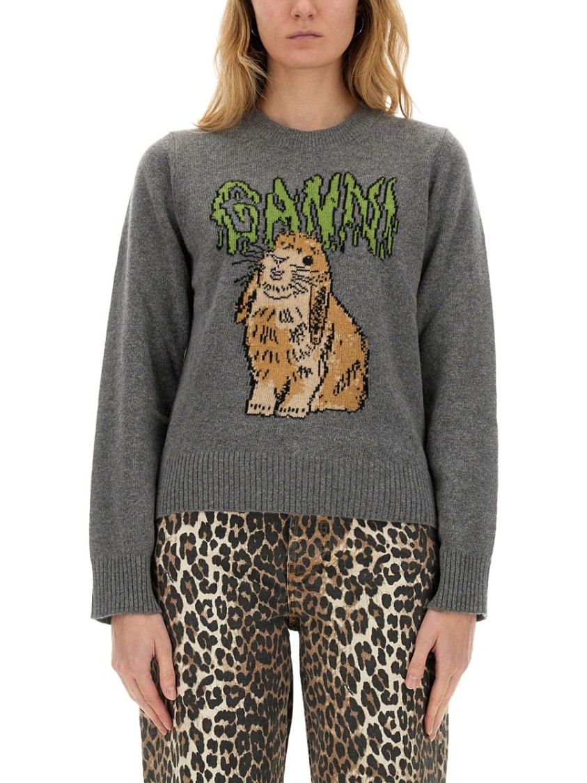 Ganni Bunny Wool Crewneck Sweater In Grey