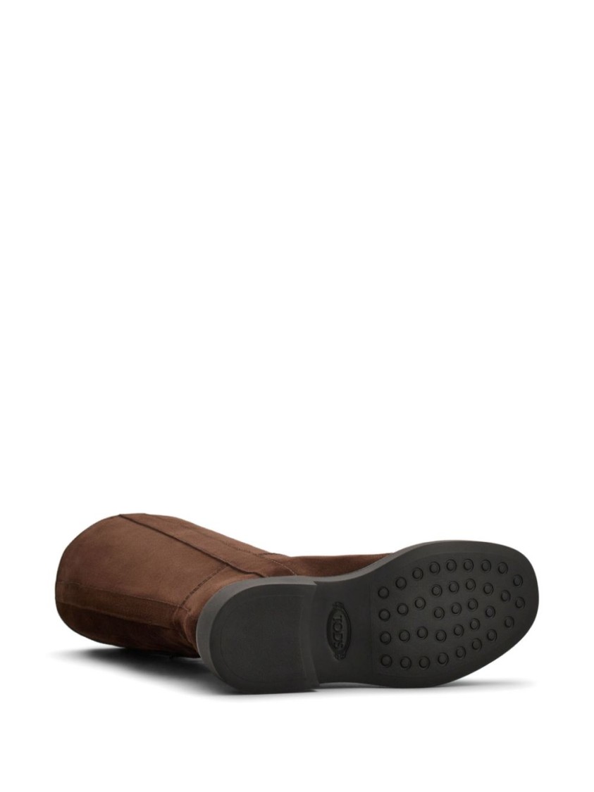 Tod's Long Brown Leather Boots With Strap Detail In Brown