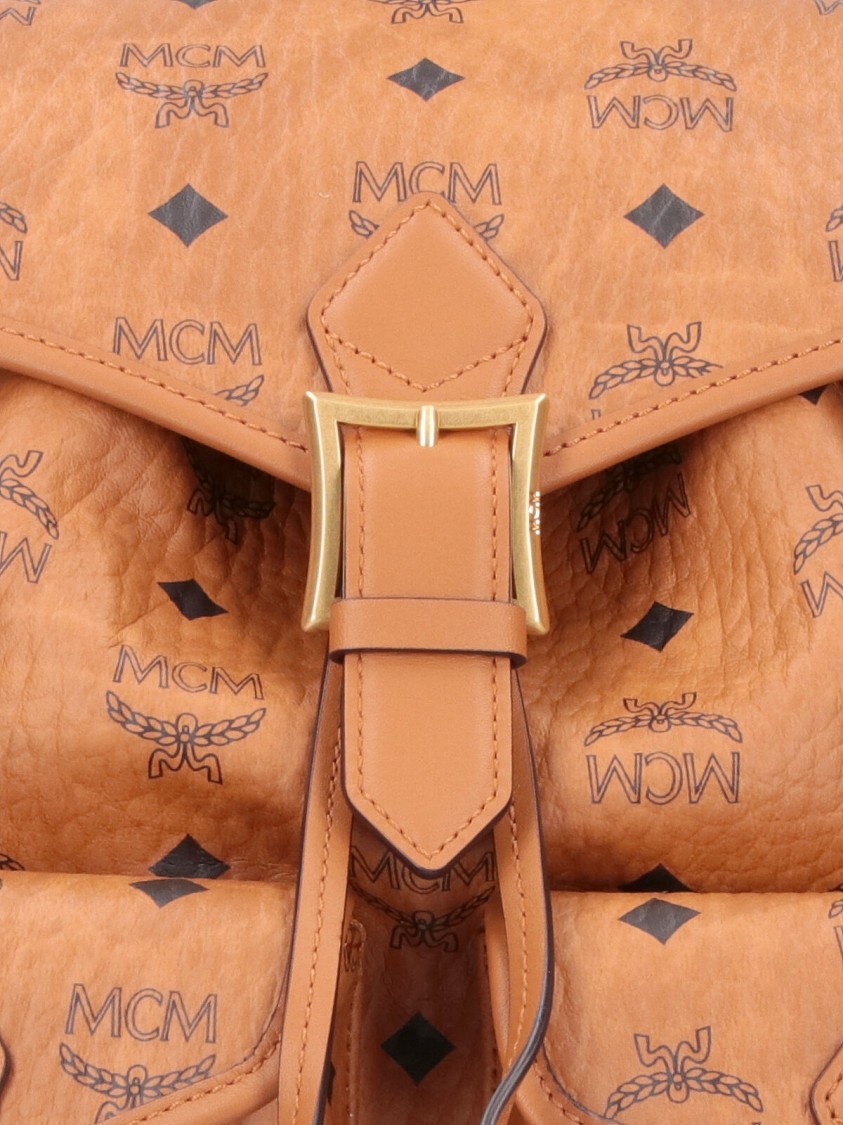 Mcm Small Brown Visetos Backpack With Leather Accents In Brown