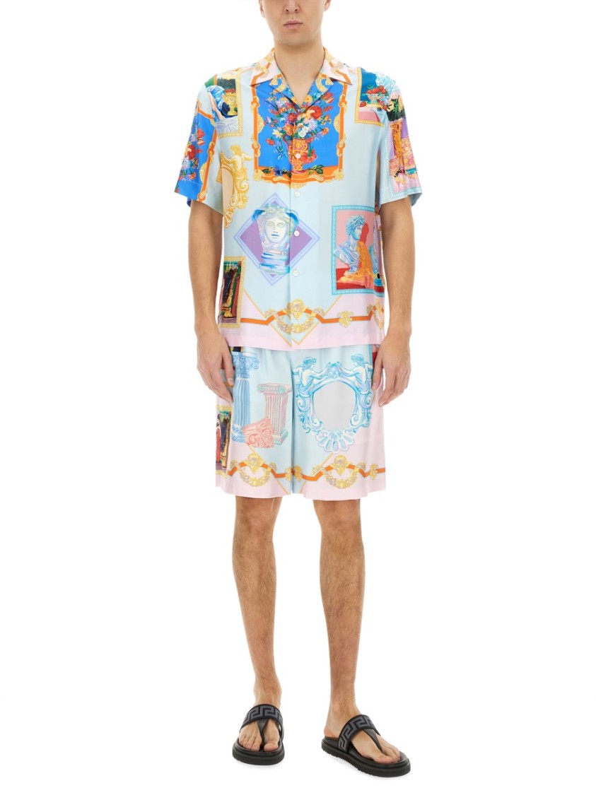 Versace Silk Twill Shorts With Vibrant Classical Motifs In Multicolor