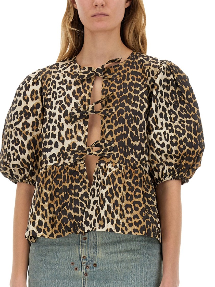 Ganni Multicolor Blouse With Front Tie Closure And All-over Leopard Motif In Cotton Woman In Brown