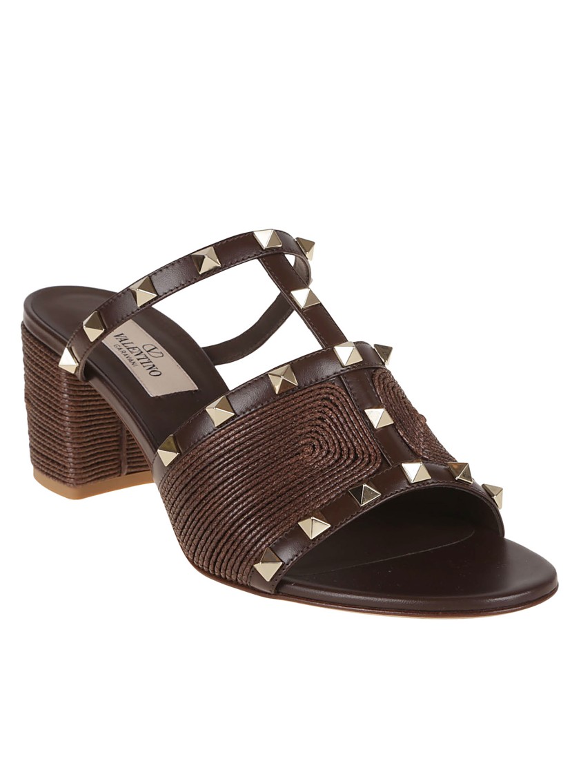Valentino Rockstud Block Heel Sandals With Studded Embellishments In Brown