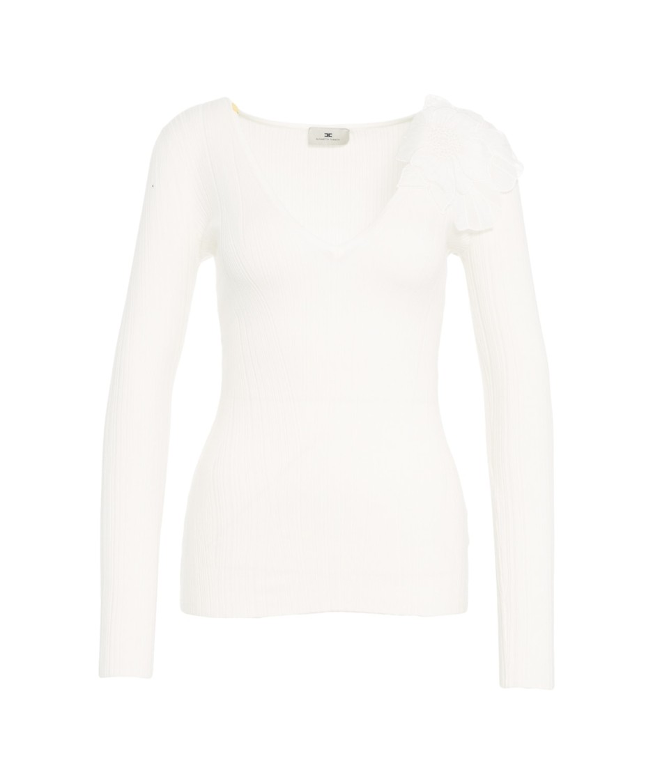 Elisabetta Franchi Slim-fit Knit Top With Floral Shoulder Detail In White