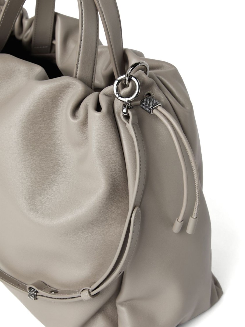 Shop Brunello Cucinelli Gathered Light Grey Calf Leather Bag With Monili Chain Detail