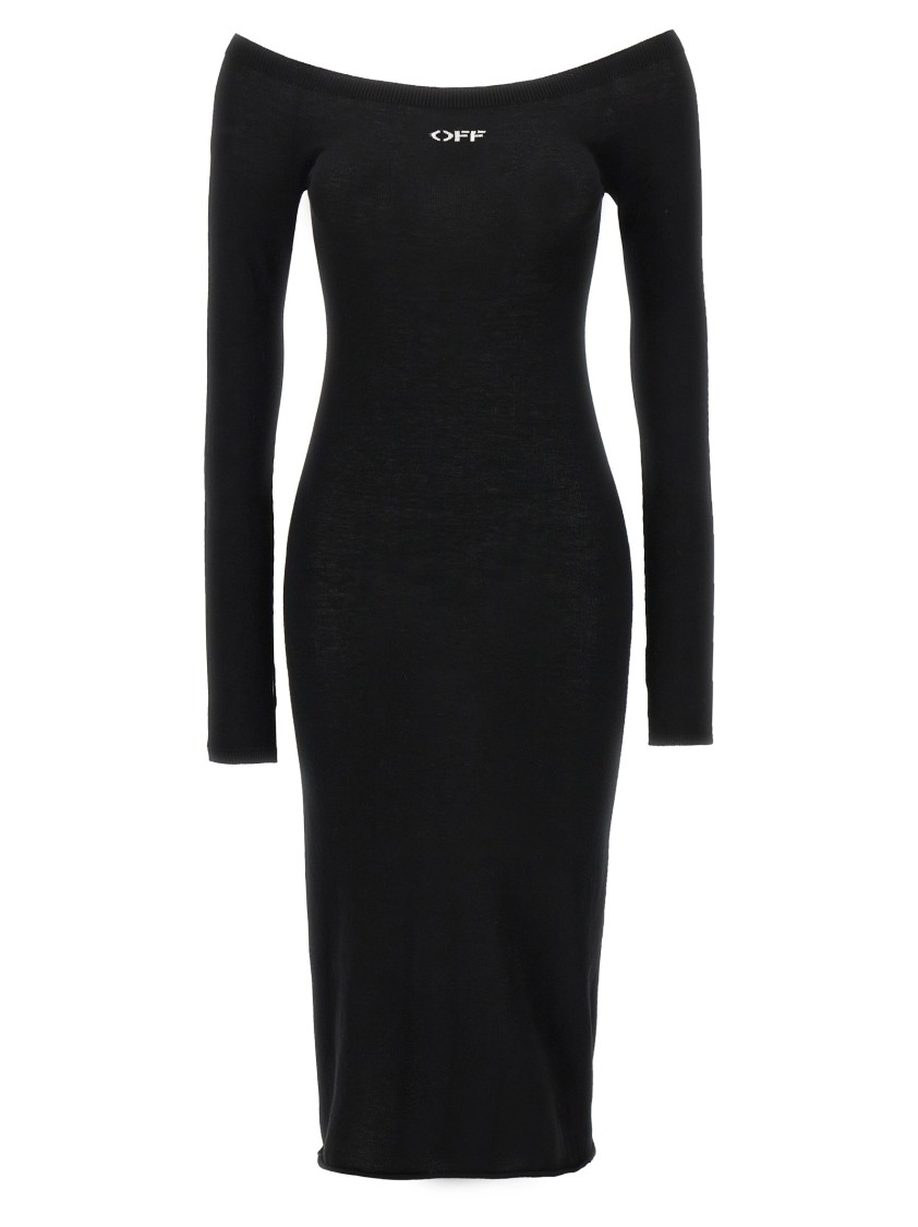 Off-white Viscose Knit Midi Dress With Logo Intarsia In Black
