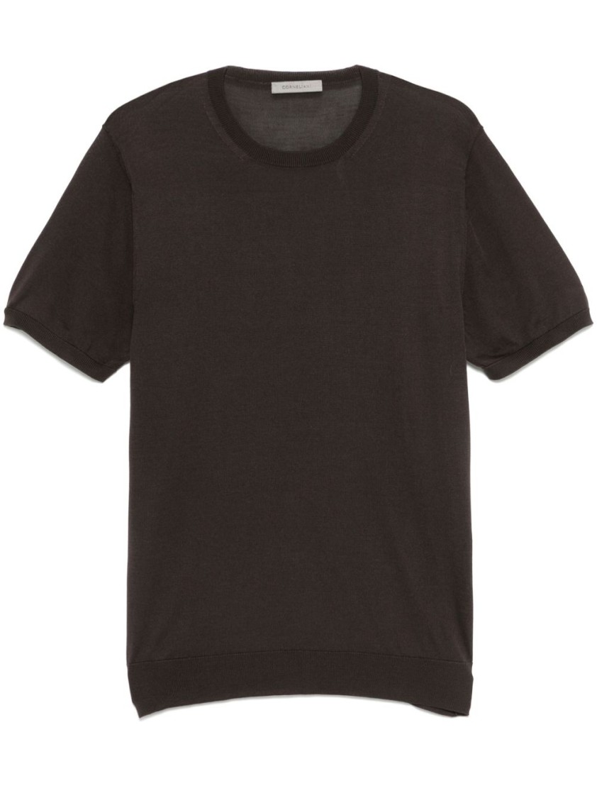 Corneliani Short-sleeved Silk Knitwear Top With Crew Neckline In Black