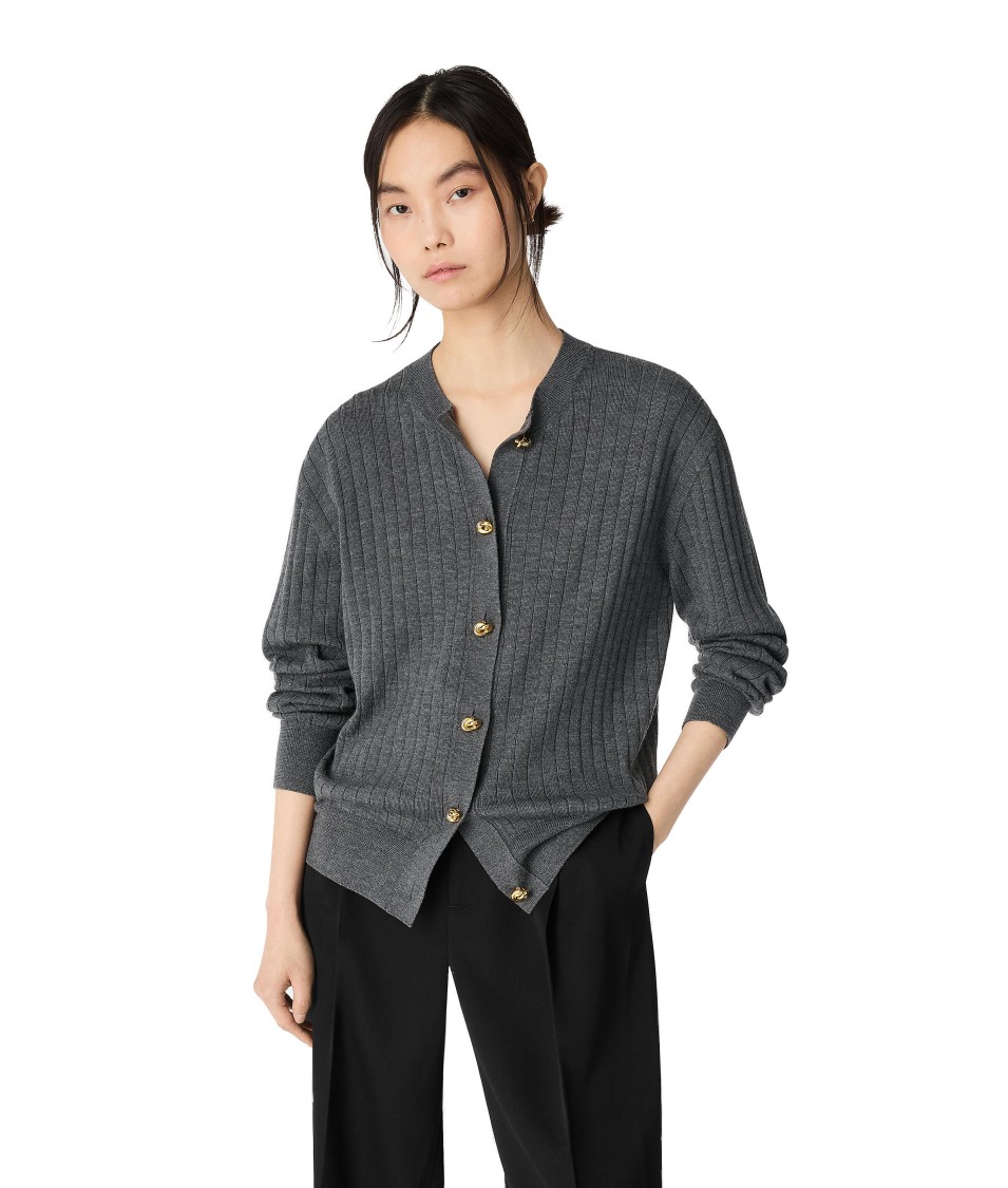 Bottega Veneta Ribbed Knit Sweater With Button-down Front In Gray