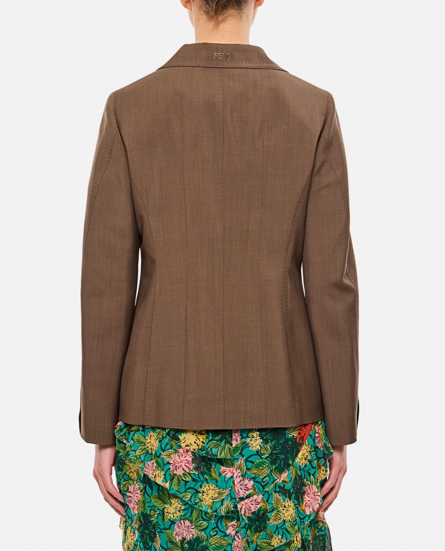 Fendi Tailored Waisted Blazer With Embroidered Logo In Brown