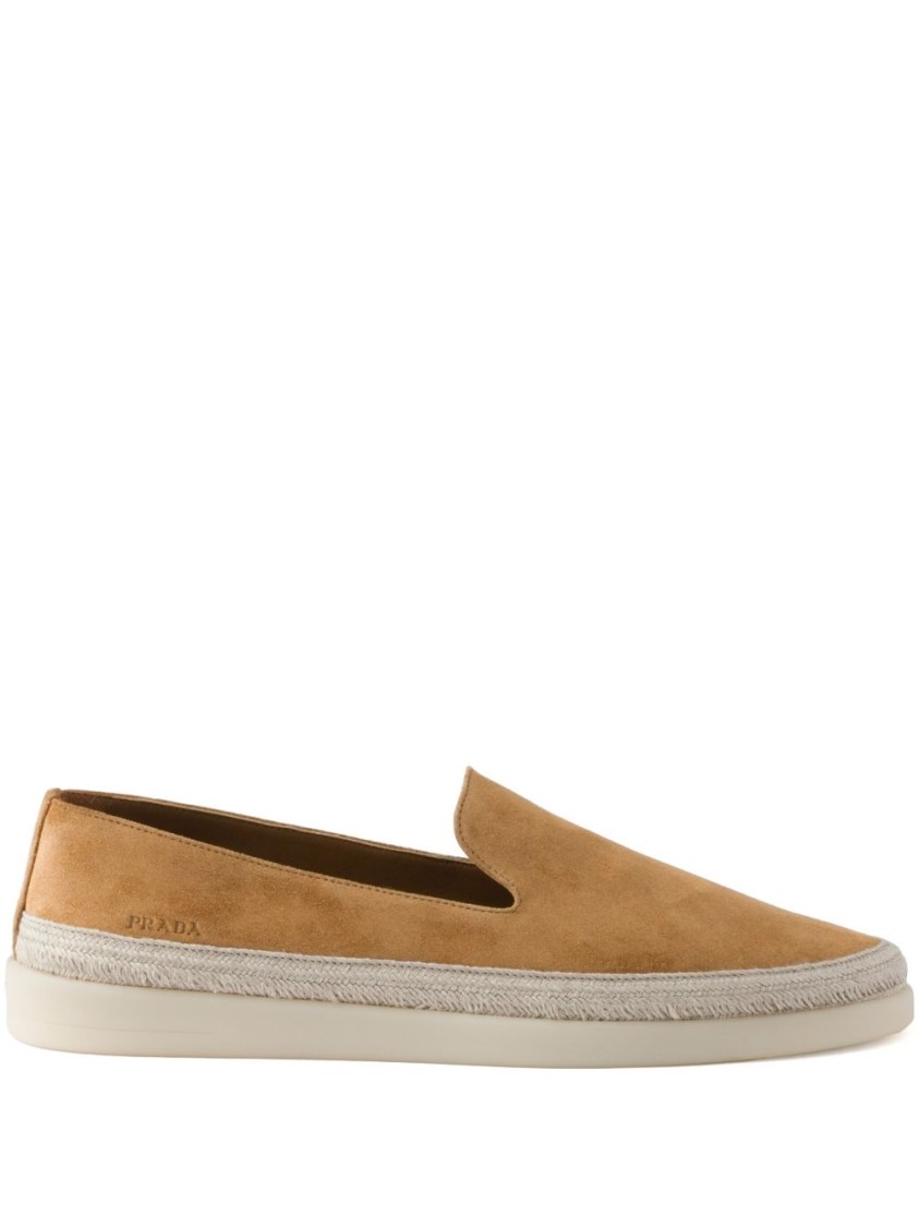 Prada Brown Suede Slip-on Flat Shoes With Textured Sole In Brown