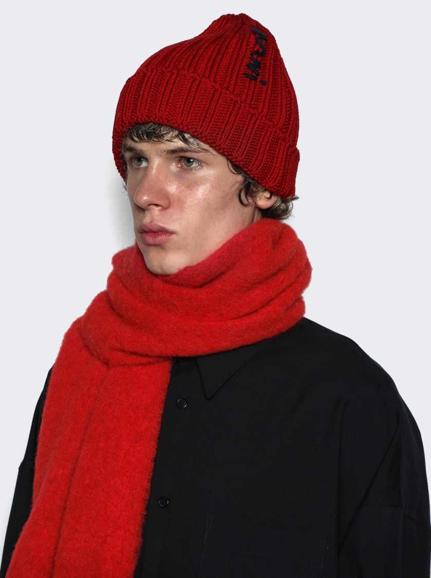 Marni Ribbed Beanie Hat With Folded Cuff In Red
