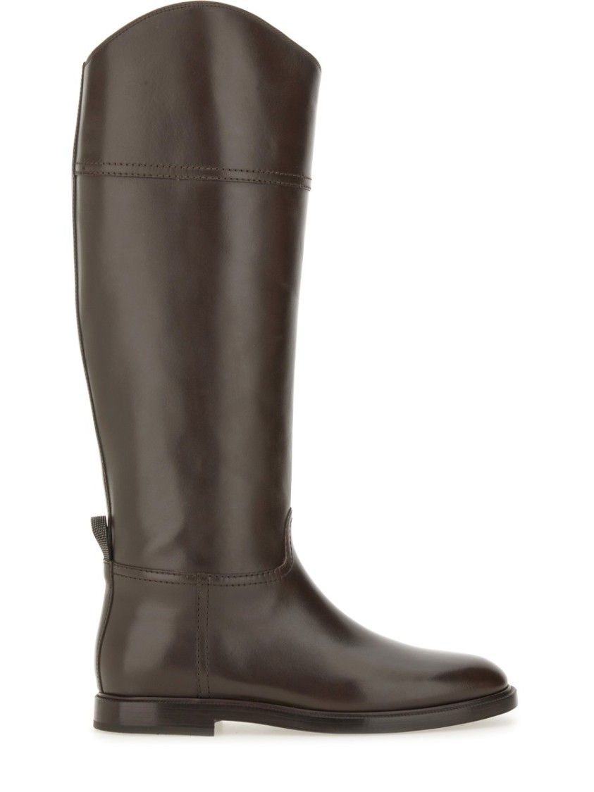 Brunello Cucinelli Polished Brown Leather Boots With Zipper Detail In Gray