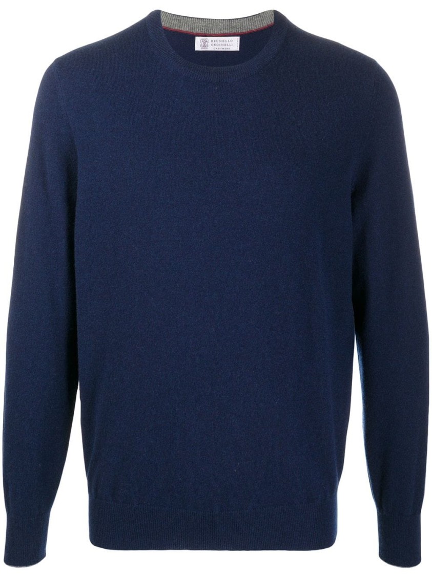 Brunello Cucinelli Cashmere Crewneck Sweater With Ribbed Finish In Blue