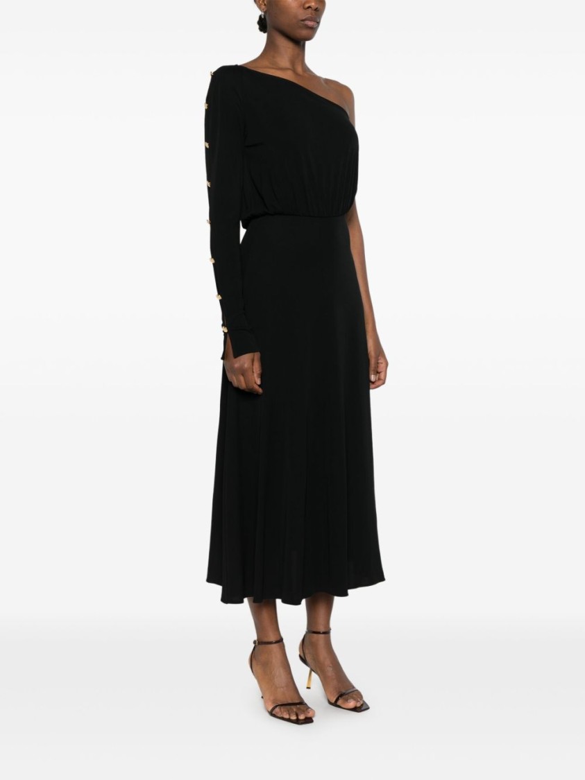 Shop Elisabetta Franchi Flowing One-shoulder Black Dress With Decorative Buttons