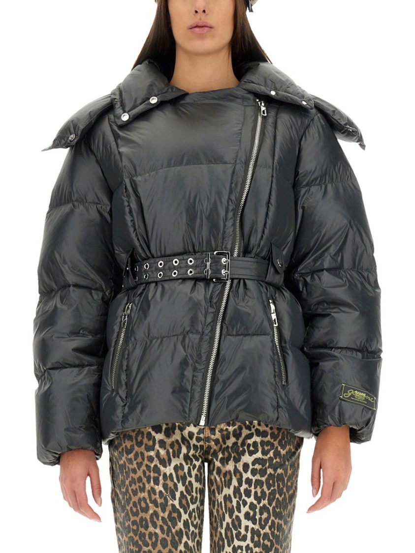 Ganni Black Shiny Nylon Puffer Jacket In Black