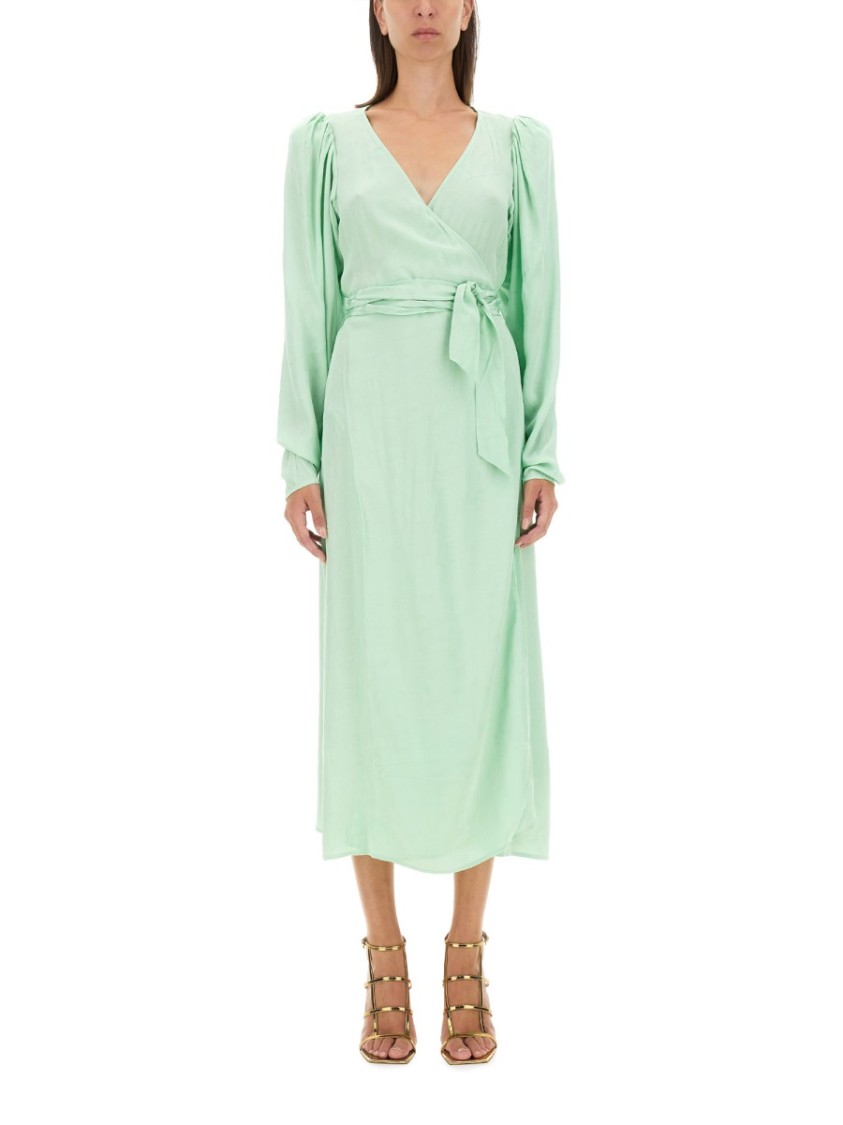 Rotate Birger Christensen Rotate Wrap Midi Dress With Deep V-neckline In Green