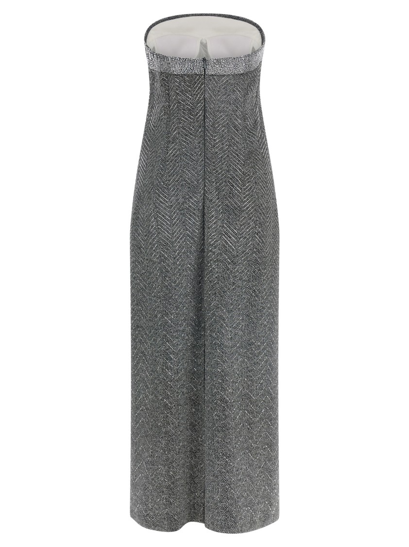 Ermanno Scervino Rhinestone-embellished Midi Dress With Herringbone Pattern In Gray