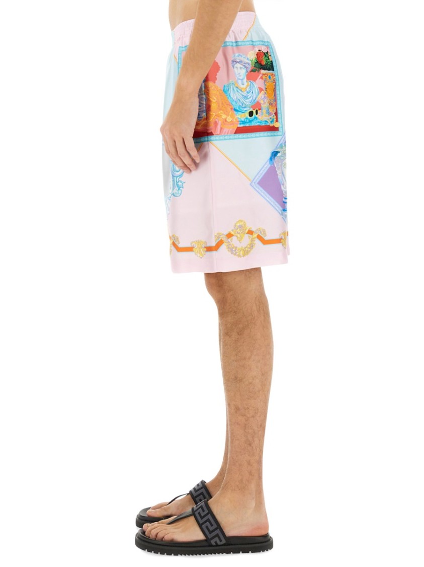 Versace Silk Twill Shorts With Vibrant Classical Motifs In Multicolor