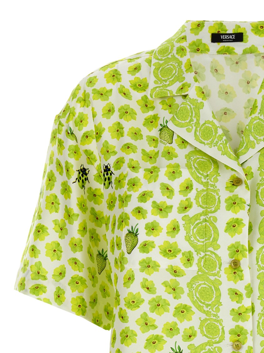 Versace Silk Twill Shirt With Strawberry Garden Print In Green