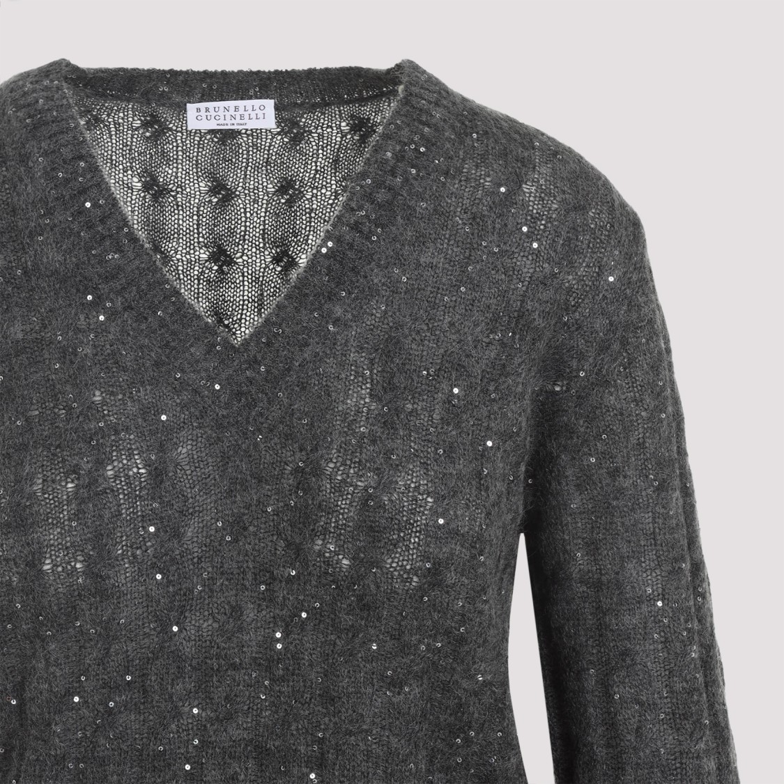 Brunello Cucinelli V-neck Cable Pullover Sequin Embellishments In Gray
