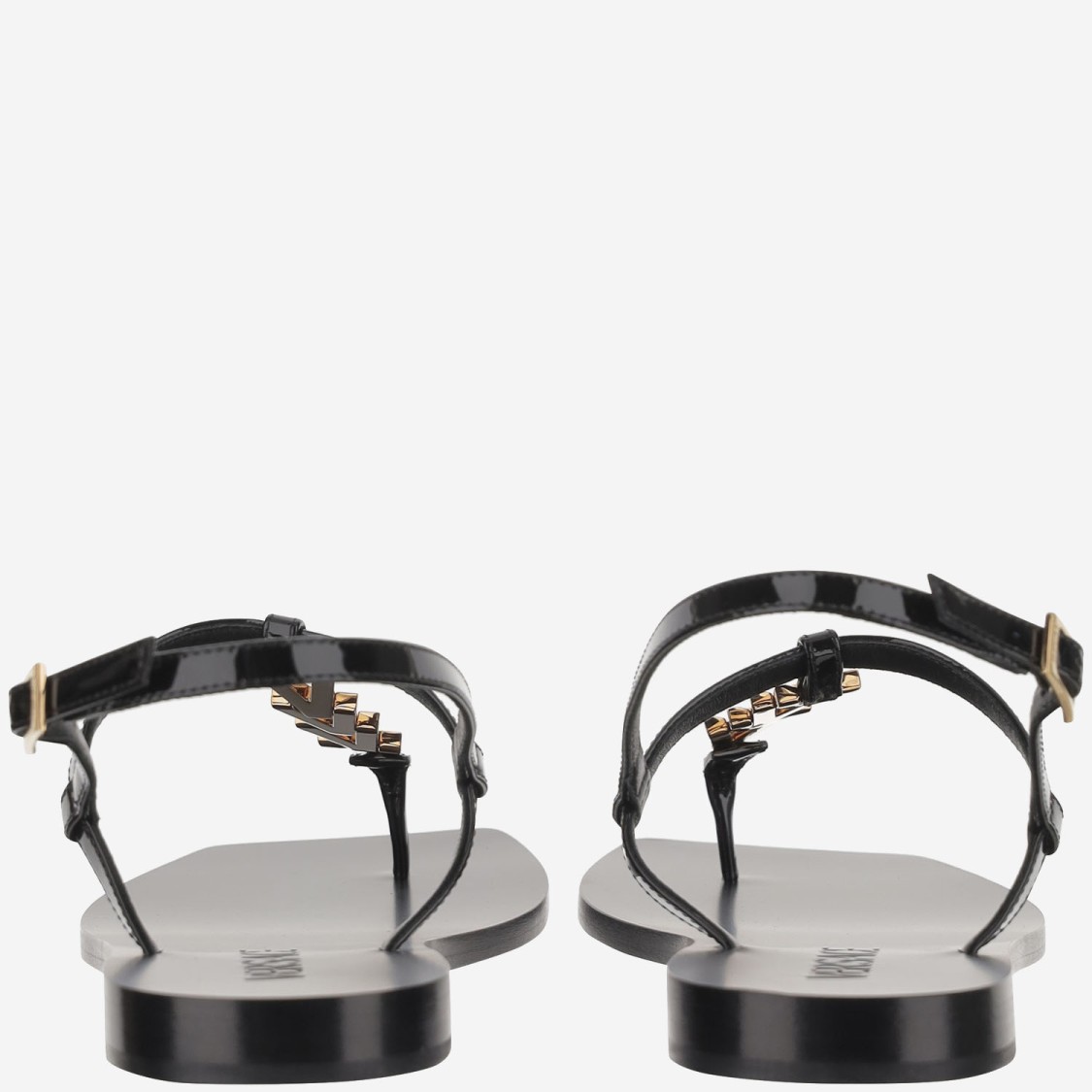 Versace V-Chain Leather Sandals in Black | THE LIST
