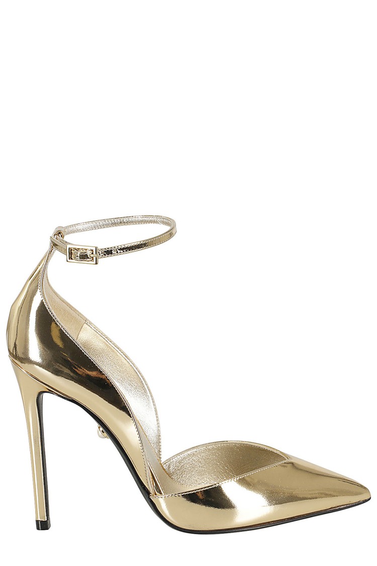 Alevì Milano Alevi` Milano Metallic Gold Pointed Pumps With Adjustable Ankle Strap In Gold