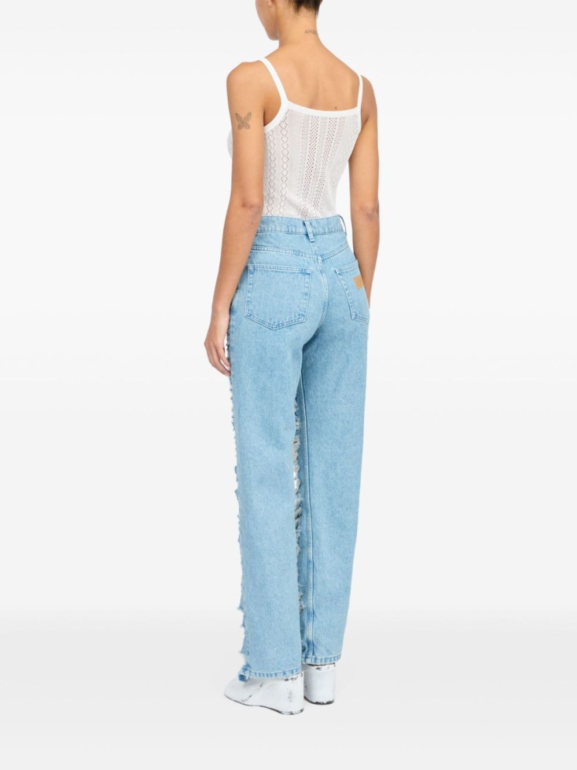 Mm6 Maison Margiela Mm6 By Maison Margiela Distressed Straight Leg Denim Jeans With White Stitching