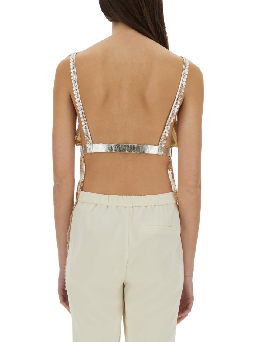 Shop Rabanne Laminated Pleated Satin Top With Lace Detail