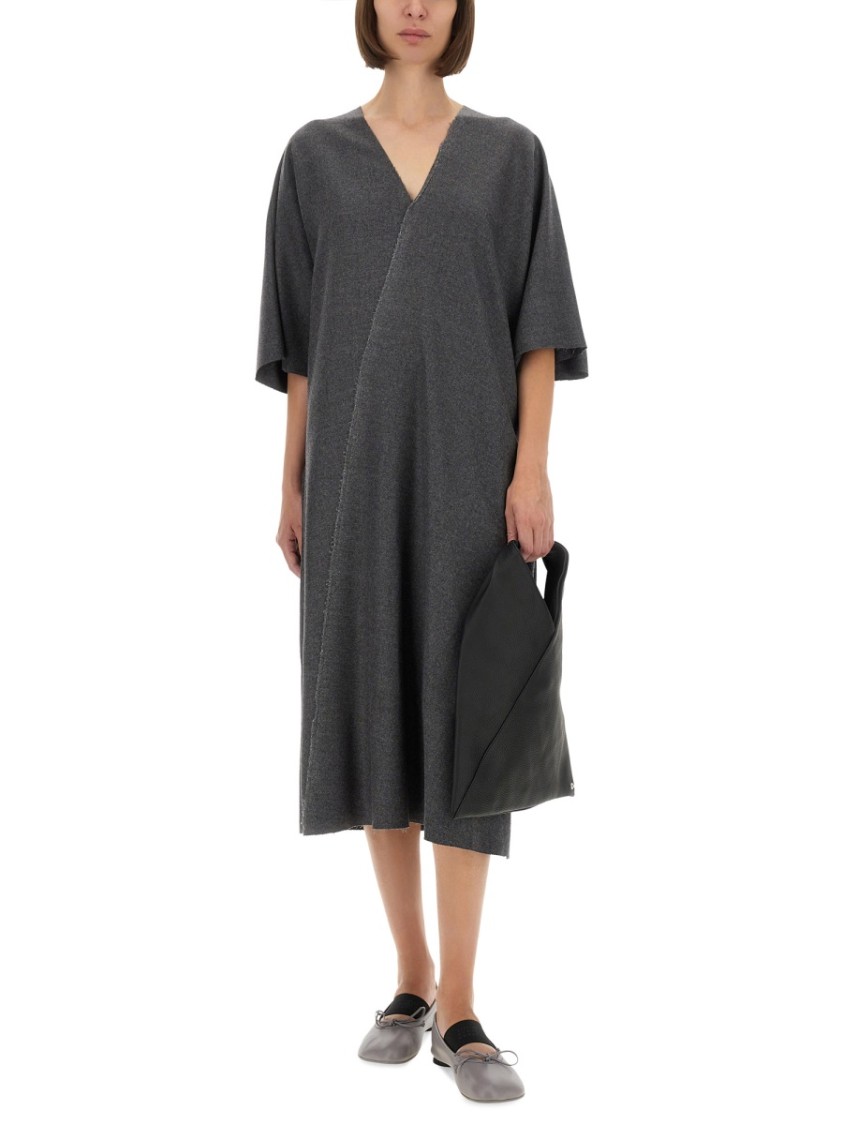 Mm6 Maison Margiela V-neckline Midi Dress Asymmetric Seam In Gray