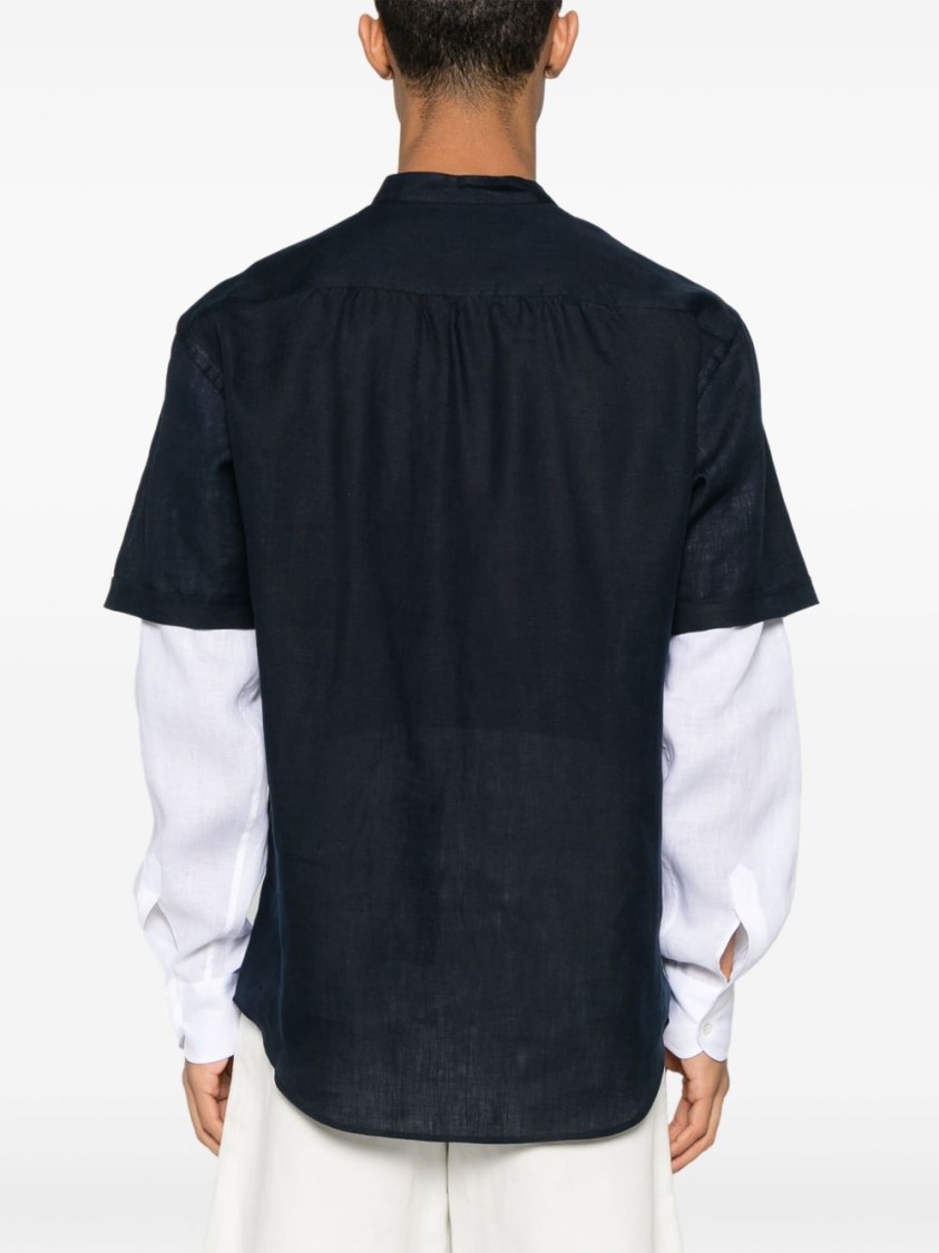 Giorgio Armani Layered Navy Blue Shirt With Band Collar And Buttoned Cuffs In Blue